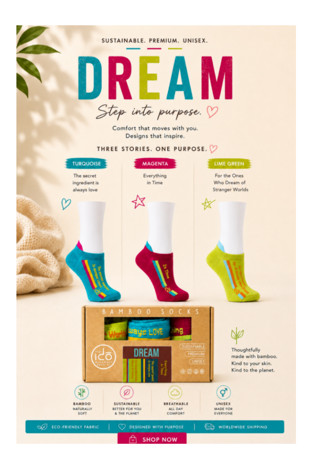 Bamboo  Low-Cut Crew Socks - Set of 3 | DREAM | Ultra-Soft, Breathable