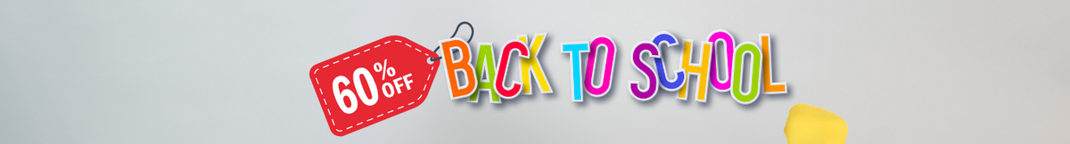 Back to school banner with colorful text and a discount tag on a light gray background